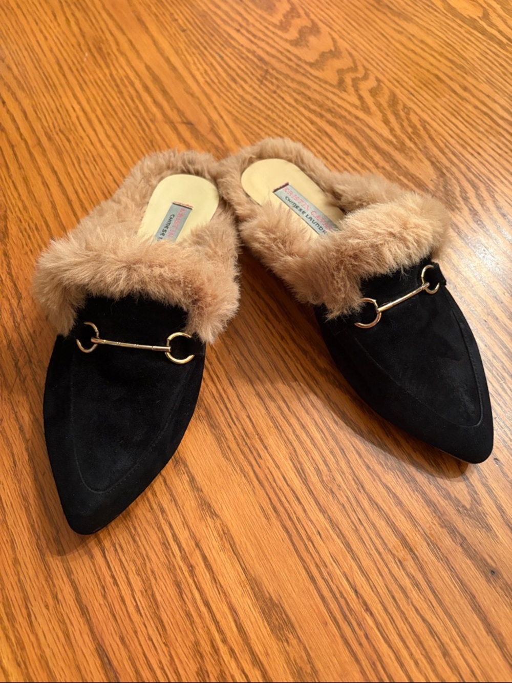 Chinese Laundry Black Faux Suede Mules with Tan Fur Trim and Gold Hardware